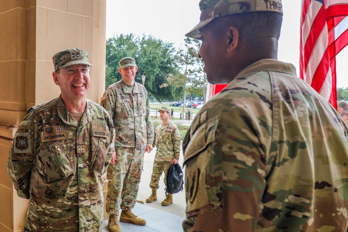 U.S. Army South’s commanding general, Maj. Gen. William L. Thigpen (right) and Lt. Gen. Cristobal de la Cerda (left), greet each other at the U.S. Army South headquarters