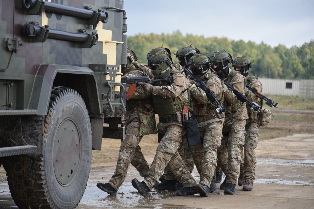 Starychi, Ukraine, 20 september 2019. Ukrainian soldiers during a joint military exercise Rapid Trident 2019 at the International Center for Peacekeeping and Security of the National Academy of Land