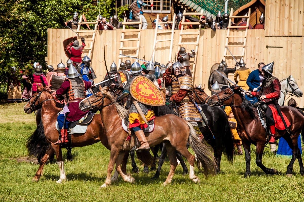 Moscow, Russia - June, 2017: History reenactment in Kolomenskoe in Moscow, Russia. Mongol rule invasion, Battle of the Kalka River reconstruction.