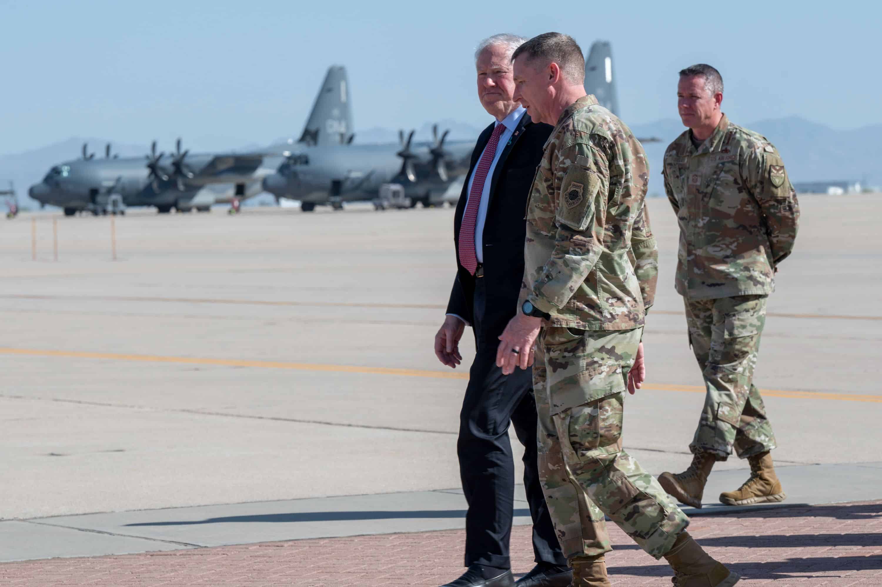 Secretary of the Air Force Frank Kendall arrives at Davis-Monthan Air Force Base, Ariz., April 19, 2023. During his visit, Kendall observed base operations and met with Desert Lightning Team members. (U.S. Air Force photo by Staff Sgt. Kristine Legate)