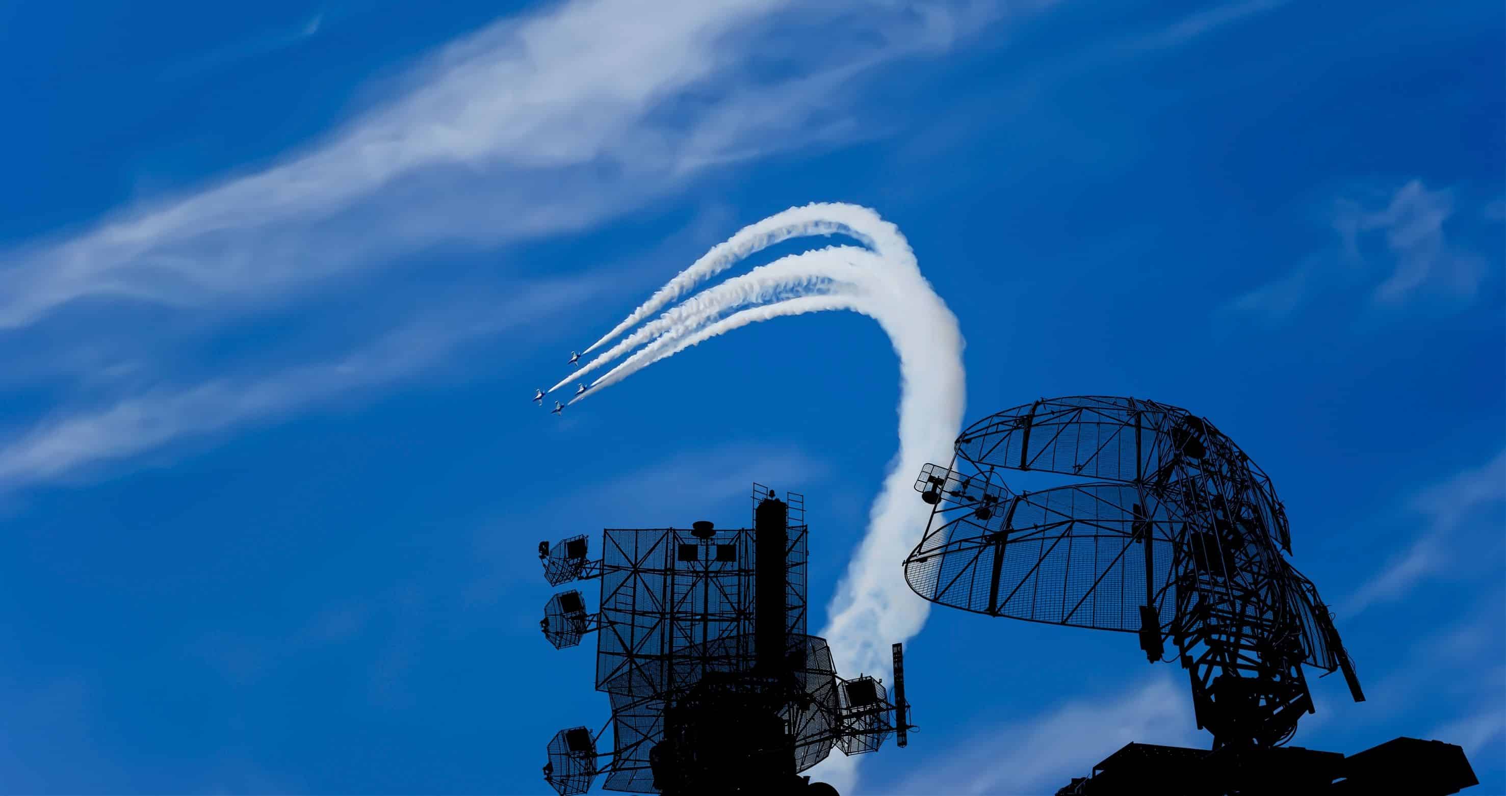 Air defense raiders of military mobile anti-aircraft complexes (radar is designed and automatic tracking of targets and missiles) against the background of the flight of modern combat fighters,Russia