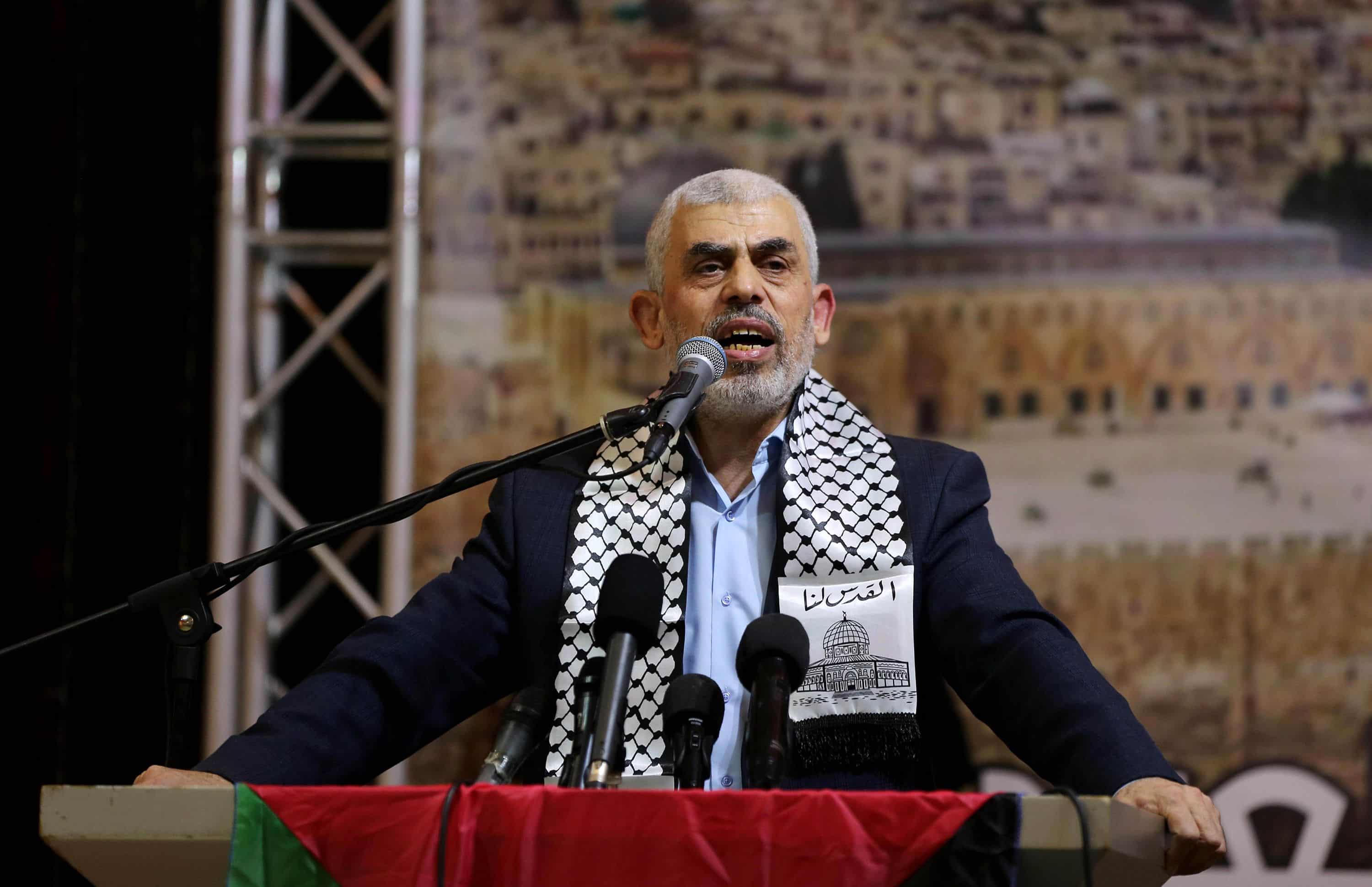 Hamas leader Yahya Sinwar, speaks during a conference in Gaza city, on November 4, 2019. Photo by Abed Rahim Khatib