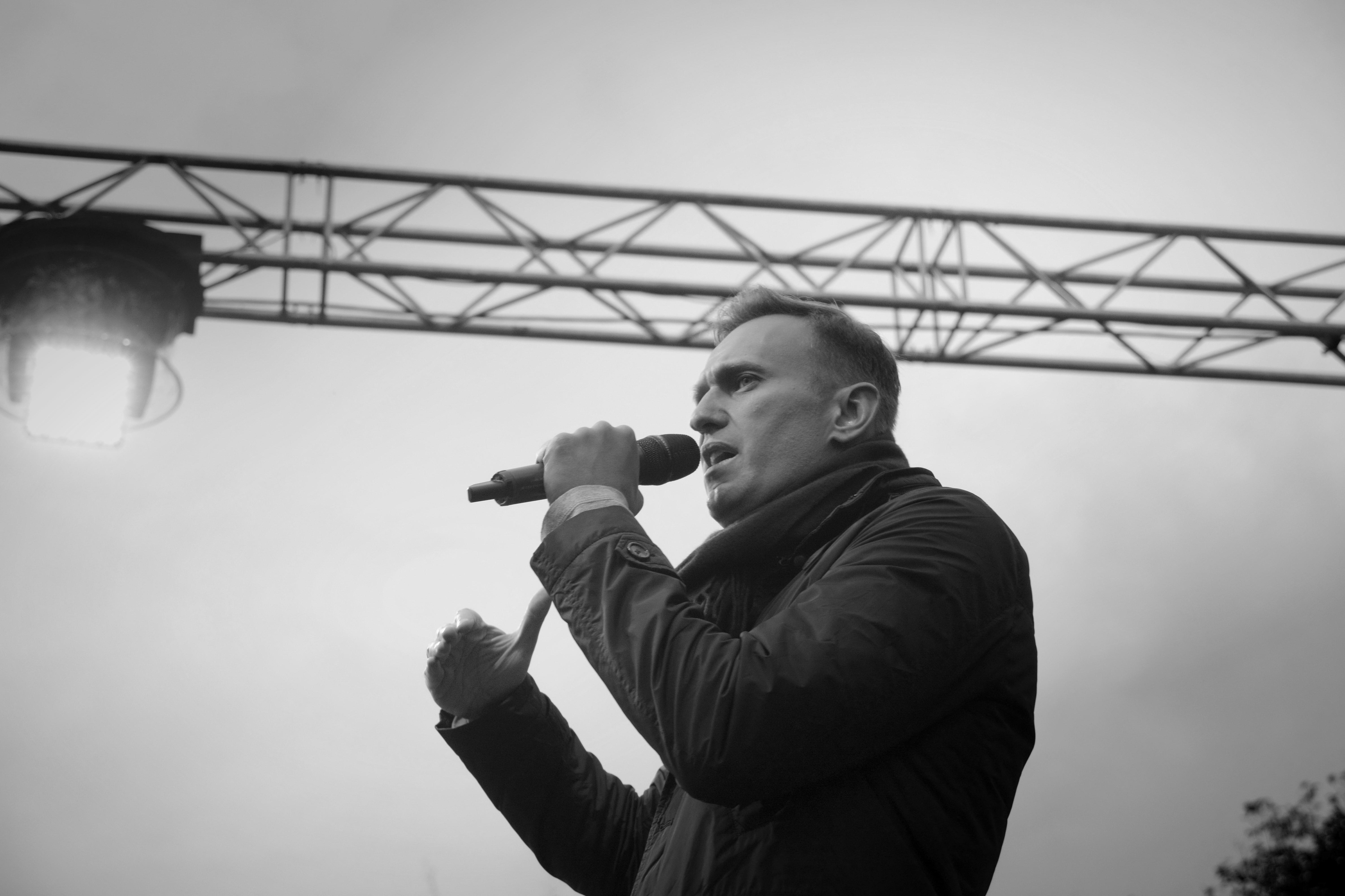 Omsk,Russia-September 27, 2018. Opposition politician Alexei Navalny speaks at a rally among his supporters